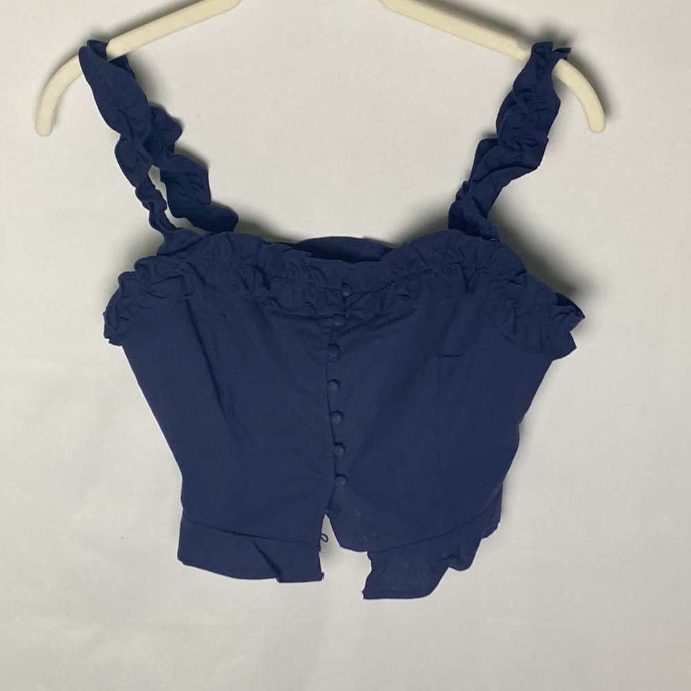 ASTR Neiman Marcus navy corset style top, ruffle straps, button front, XS, NWT